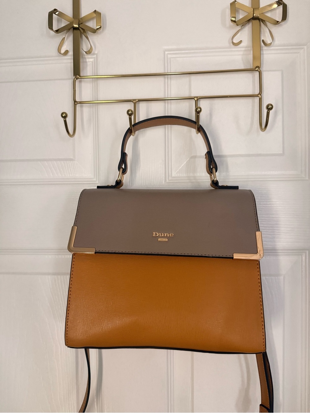Two-Tone Taupe and Tan Leather Top-Handle Bag